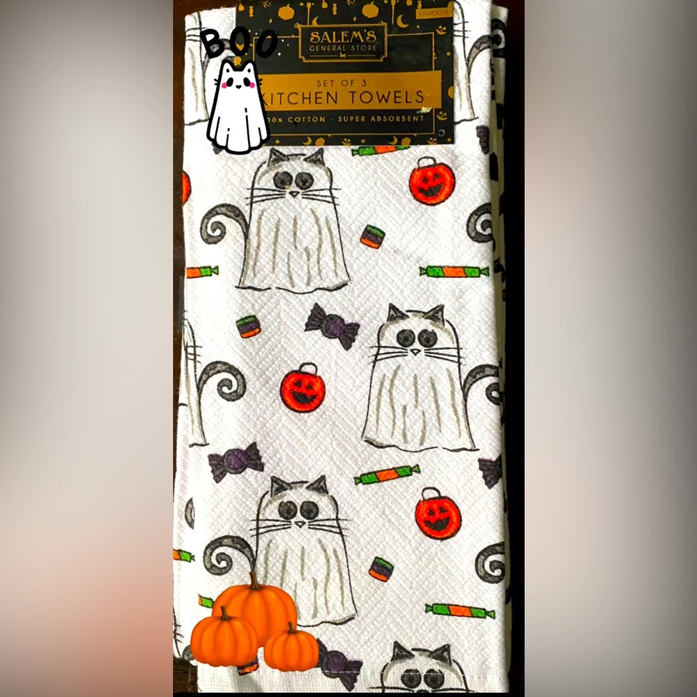 Salems General Store~ 100% Cotton Halloween  Kitty Dish Towels 🧡😻👻🎃 Set of 3